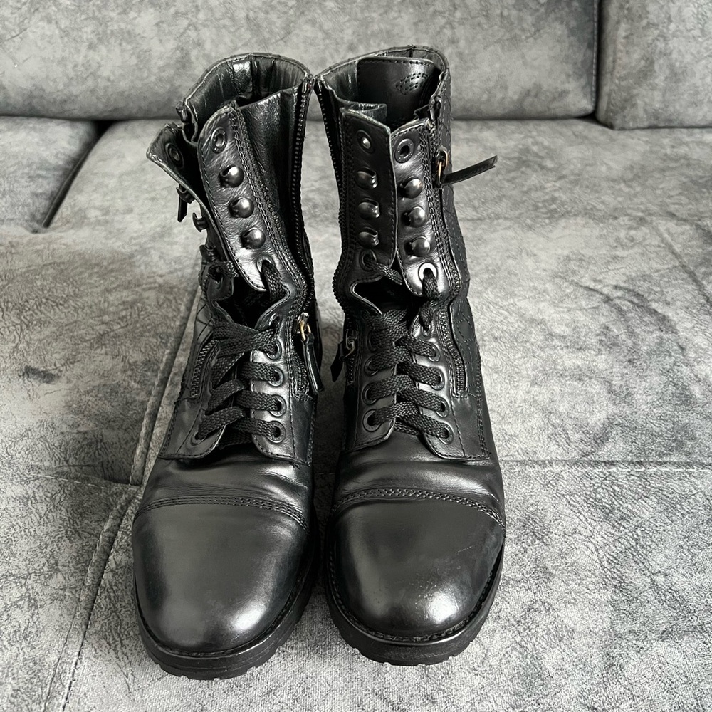 CHANEL Black Leather Combat Boots Size 39.5